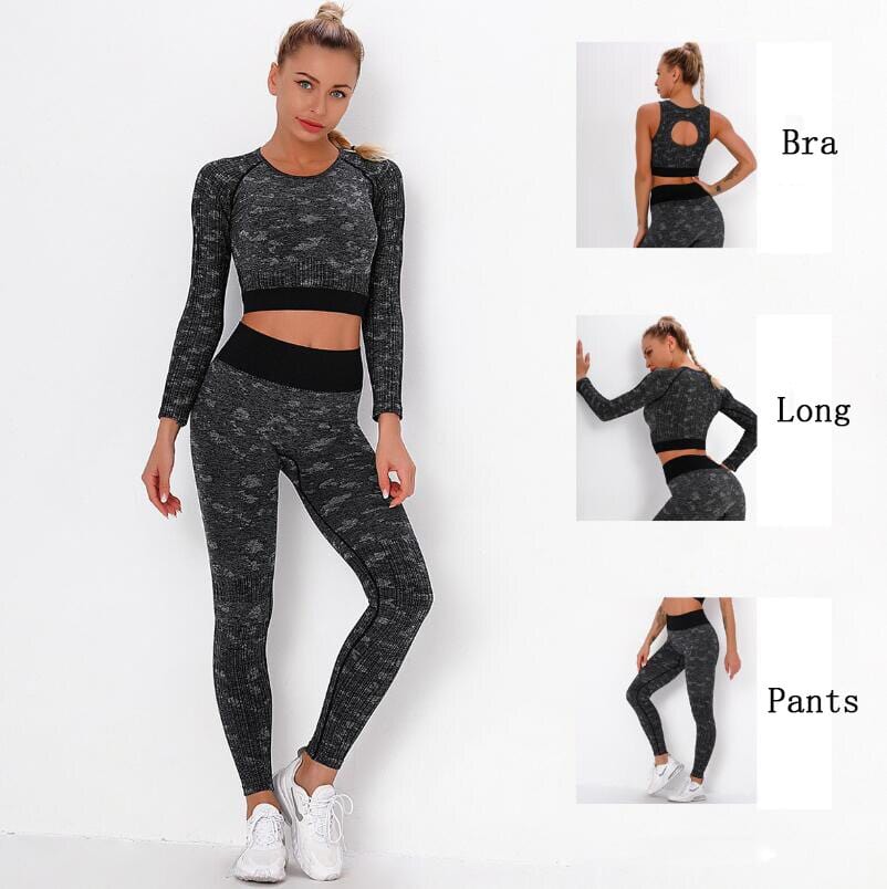 Yoga Sweat Suit 3 Pieces Sportswear Sports Shirts Bra Crop Long Top Leggings Pants Gym Fitness Tracksuit Workout Set 2 piece eprolo Black 3pcs set / XS