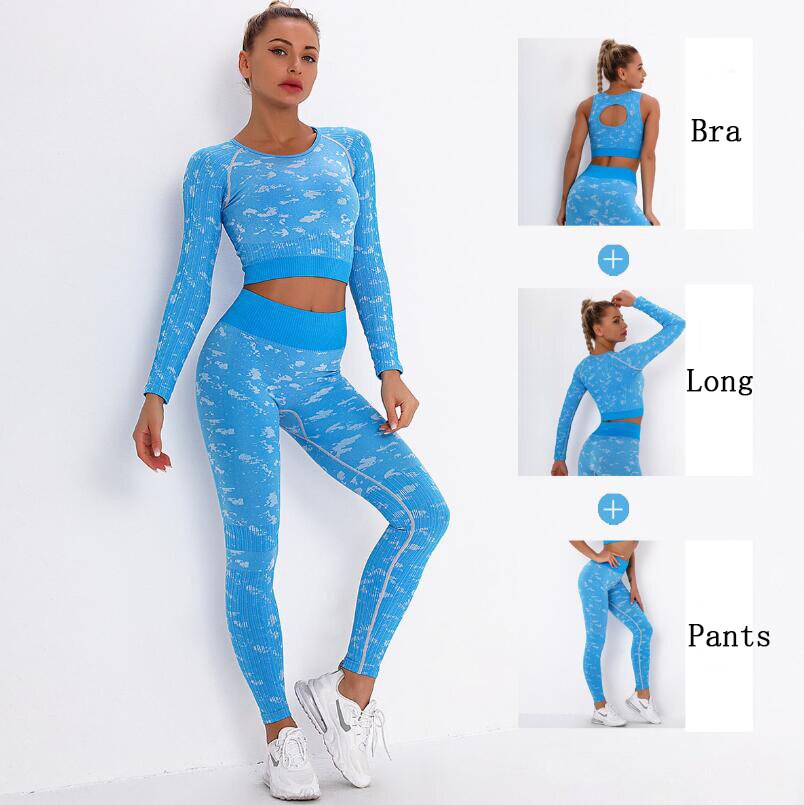 Yoga Sweat Suit 3 Pieces Sportswear Sports Shirts Bra Crop Long Top Leggings Pants Gym Fitness Tracksuit Workout Set 2 piece eprolo Blue 3pcs set / XS