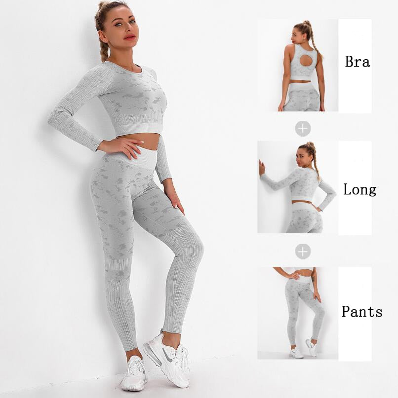 Yoga Sweat Suit 3 Pieces Sportswear Sports Shirts Bra Crop Long Top Leggings Pants Gym Fitness Tracksuit Workout Set 2 piece eprolo Gray 3pcs set / XS