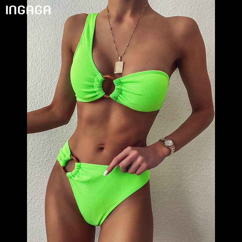 INGAGA One Shoulder Bikini Women's Swimsuit High Waist Swimwear Sexy Rings Biquini Black Ribbed Beachwear Brazilian Bikinis bikini eprolo green / S