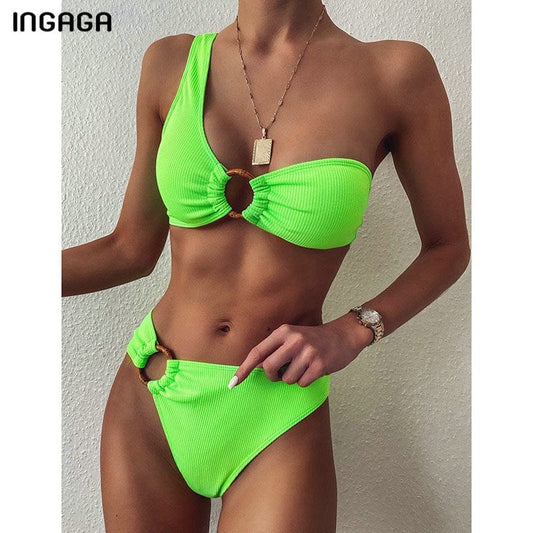 INGAGA One Shoulder Bikini Women's Swimsuit High Waist Swimwear Sexy Rings Biquini Black Ribbed Beachwear Brazilian Bikinis bikini eprolo