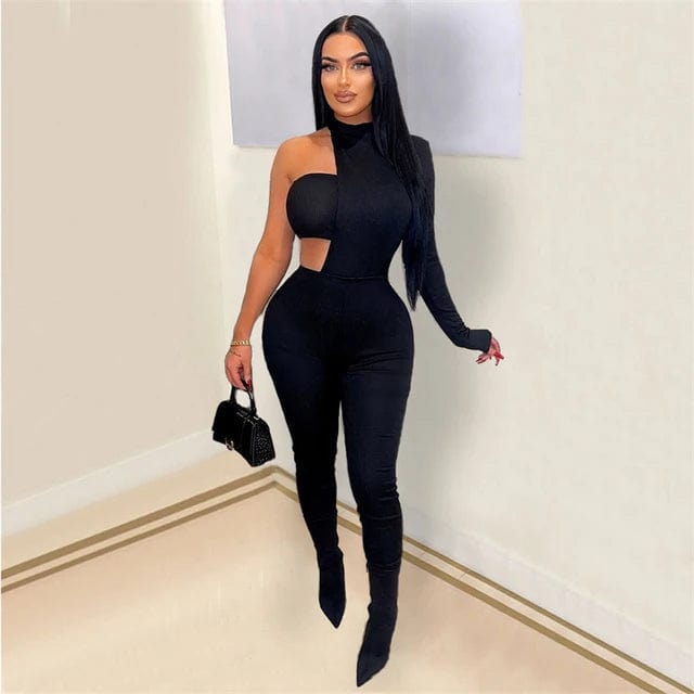 Solid Women Jumpsuits with Tube Top Sexy Cut Out Turtleneck One Shoulder Long Sleeve Skinny Overalls Spring Summer Rompers eprolo black / S
