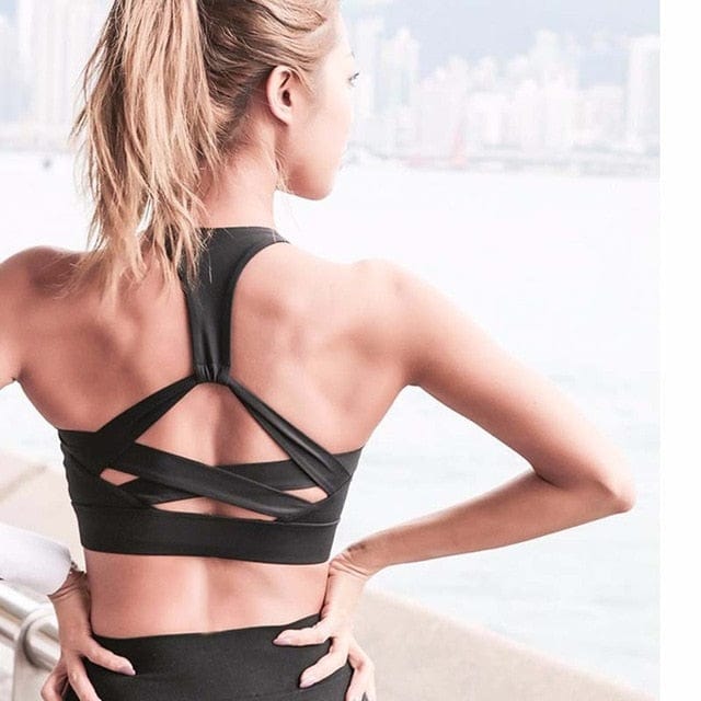 White Strap Push Up Sports Bra for Women Gym Running yoga top Bra Athletic Vest Hollow out Sportswear Underwear eprolo Black / S