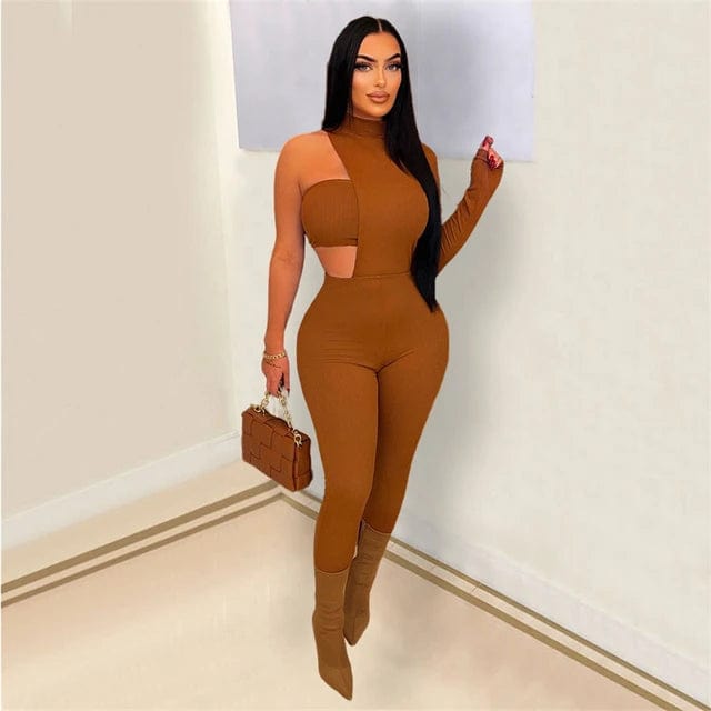 Solid Women Jumpsuits with Tube Top Sexy Cut Out Turtleneck One Shoulder Long Sleeve Skinny Overalls Spring Summer Rompers eprolo Brown / S