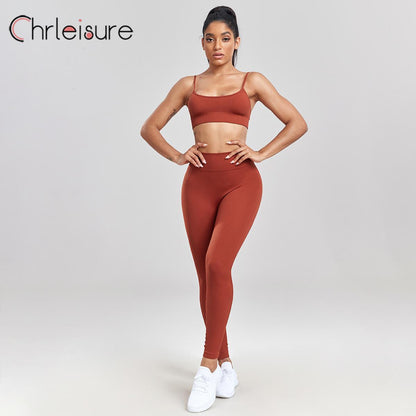 CHRLEISURE Women Yoga Set Ribbed Double Straps Basic Bra Set Fitness Skinny Push Up Seamless Gym High Waist Female New Pants Set eprolo