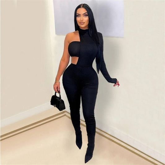 Solid Women Jumpsuits with Tube Top Sexy Cut Out Turtleneck One Shoulder Long Sleeve Skinny Overalls Spring Summer Rompers eprolo