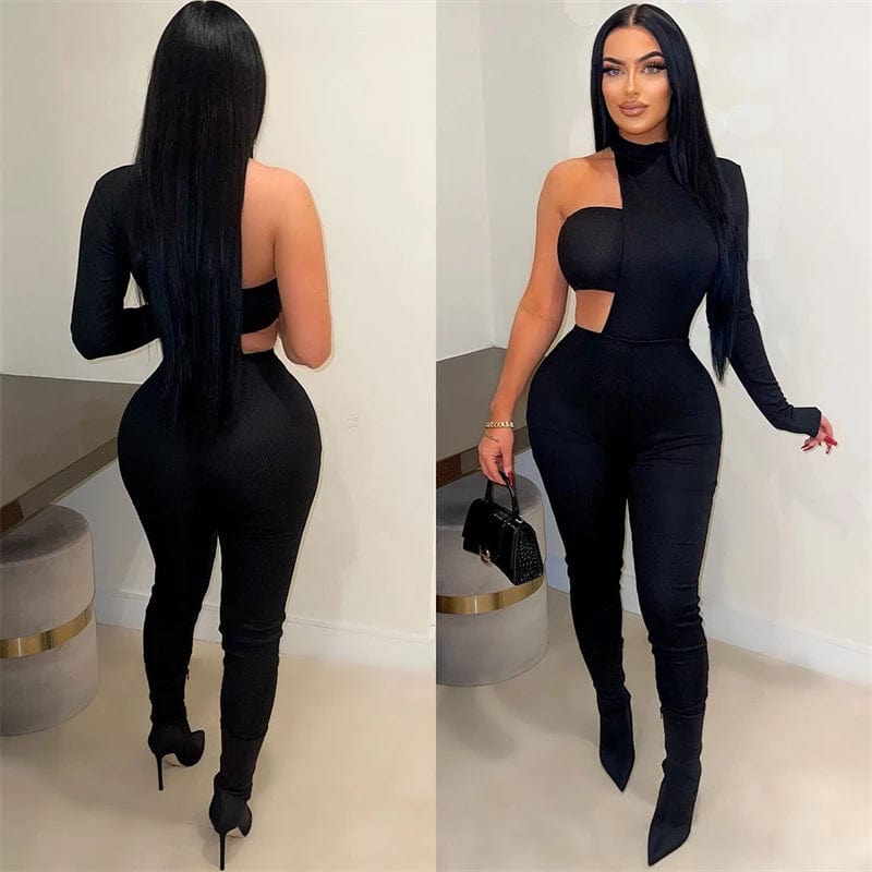 Solid Women Jumpsuits with Tube Top Sexy Cut Out Turtleneck One Shoulder Long Sleeve Skinny Overalls Spring Summer Rompers eprolo