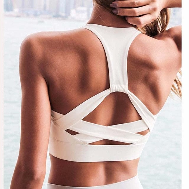White Strap Push Up Sports Bra for Women Gym Running yoga top Bra Athletic Vest Hollow out Sportswear Underwear eprolo WHITE / S