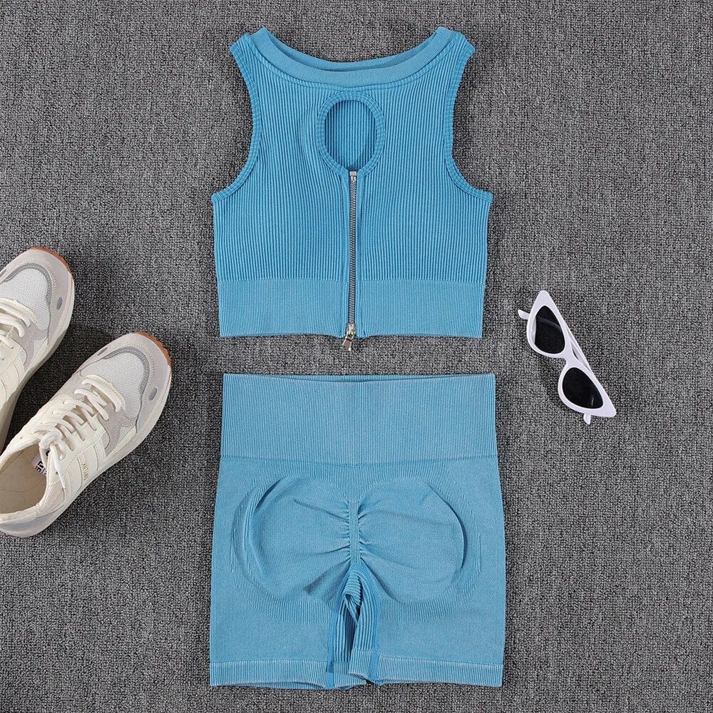 NORMOV Zipper Yoga Sets Seamless 1/2 PCS Sports Suits 2023 Summer Gym Set Women Wash Fitness Set Running Bra High Waist Shorts yoga set eprolo Blue green Set1 / S