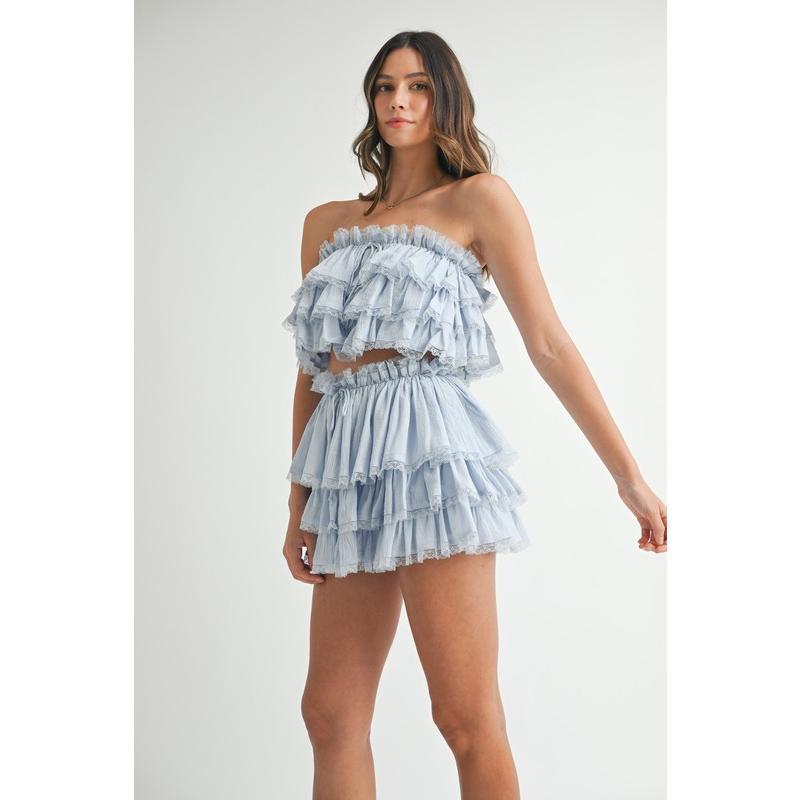 MABLE Ruffle Layered Crop Top and Mini Skirt Set