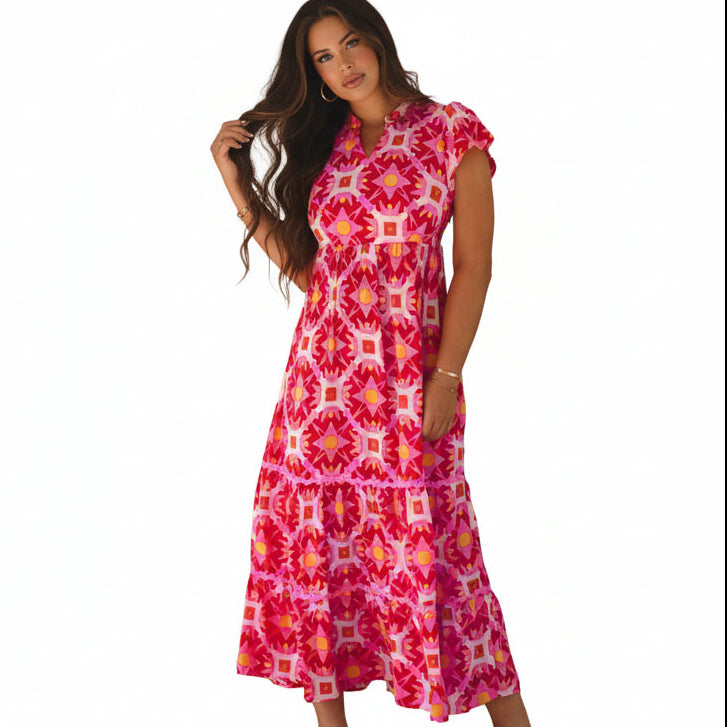 Strawberry Pink Geo Print V-neck Maxi Dress
