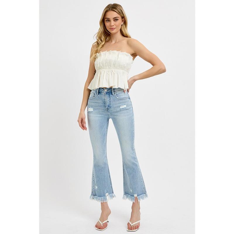 RISEN Full Size Raw Hem Distressed Cropped Flare Jeans Plus Size