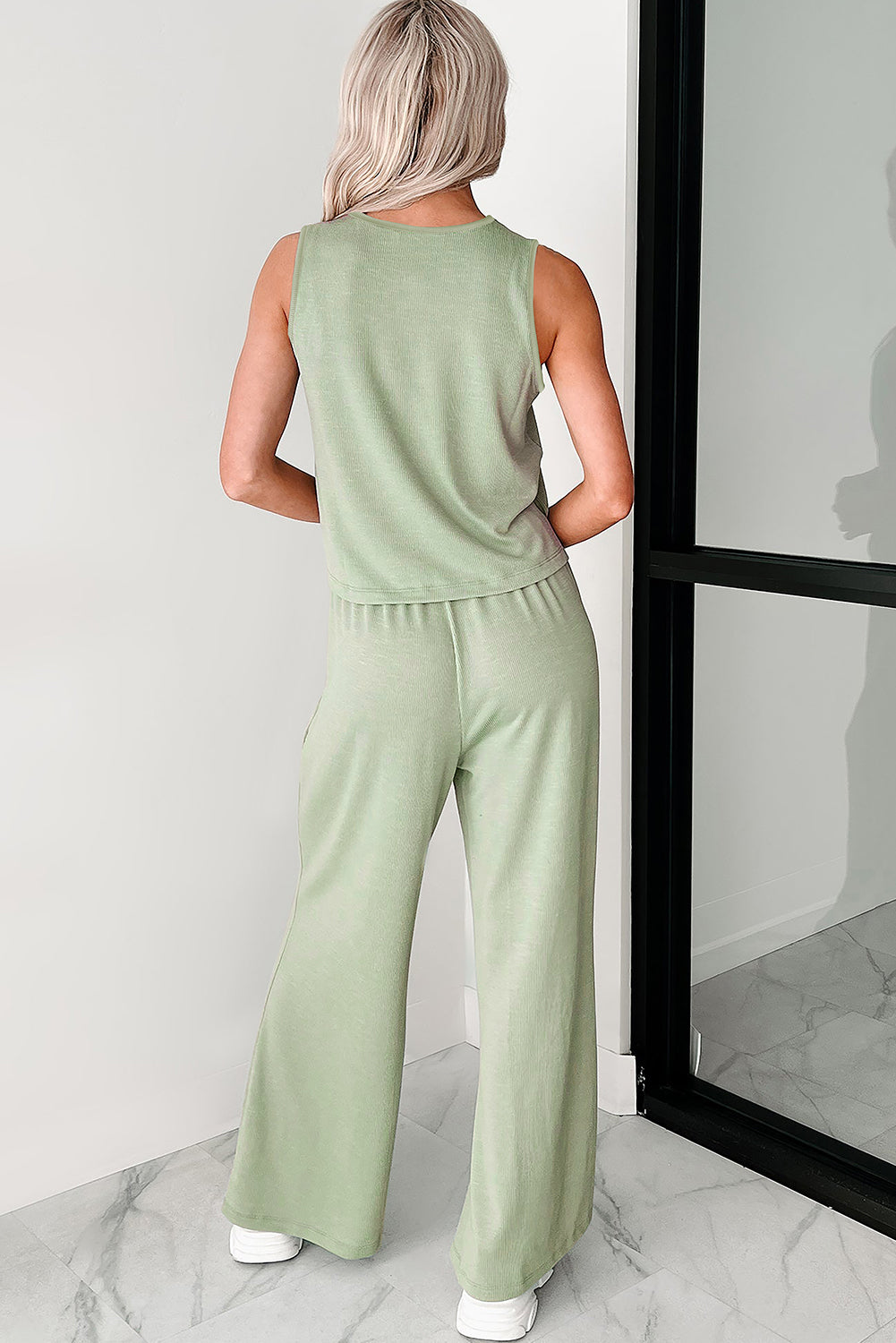 Smoke Green Textured Tank Top and Drawstring High Waist Pants Set