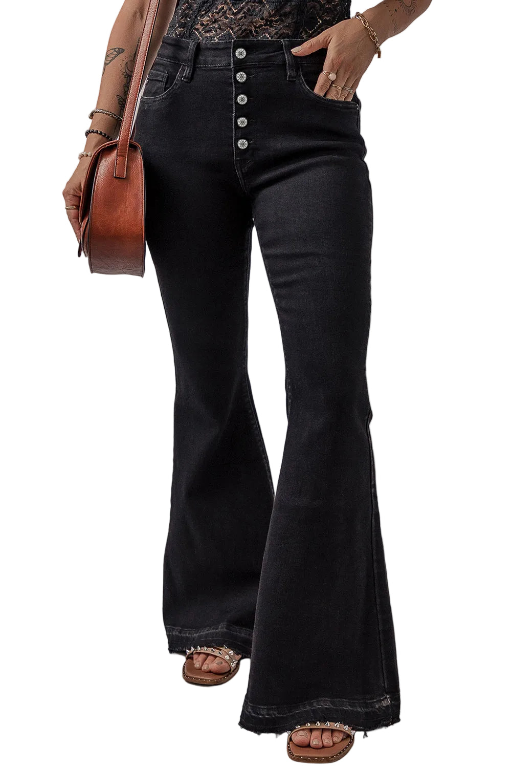 Black High Waist Button Front Flare Jeans