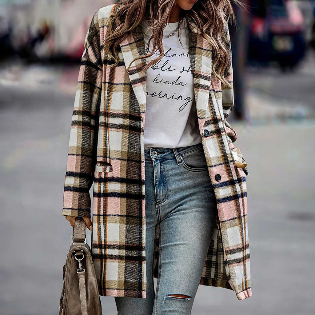 Pink Plaid Button Up Lapel Jacket