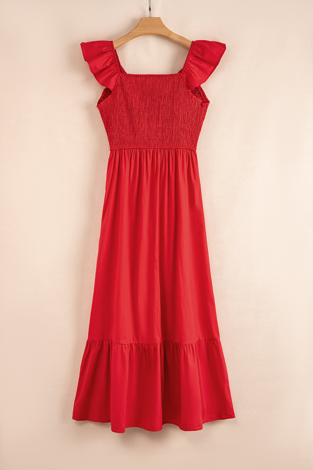 Fiery Red V Neck Flutter Sleeve Smocked Bodice High Waist Ruffle Maxi Dress