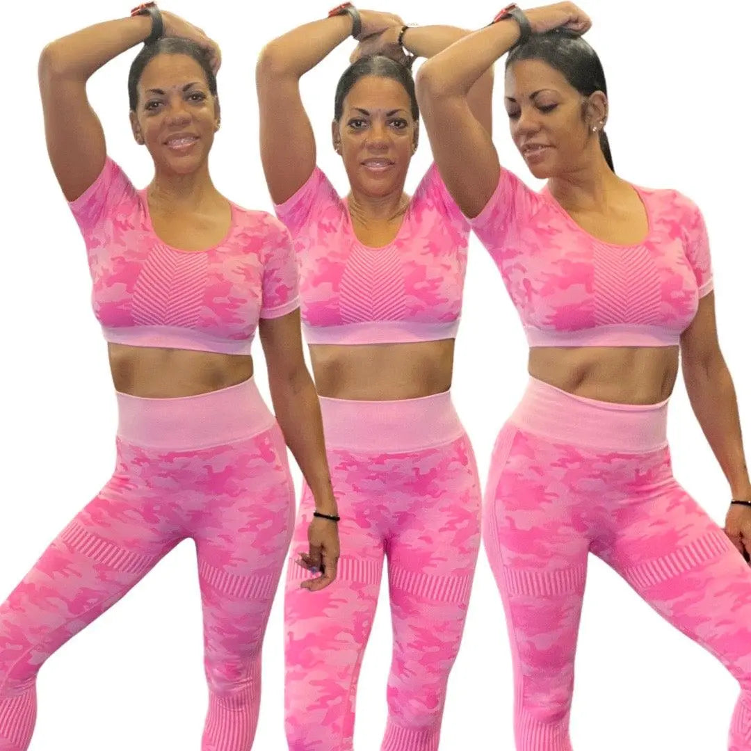 Alpha C Apparel Women Camouflage Two Piece Crop Top High Waist Yoga Set Active Wear FreeDropship Pink Set / M