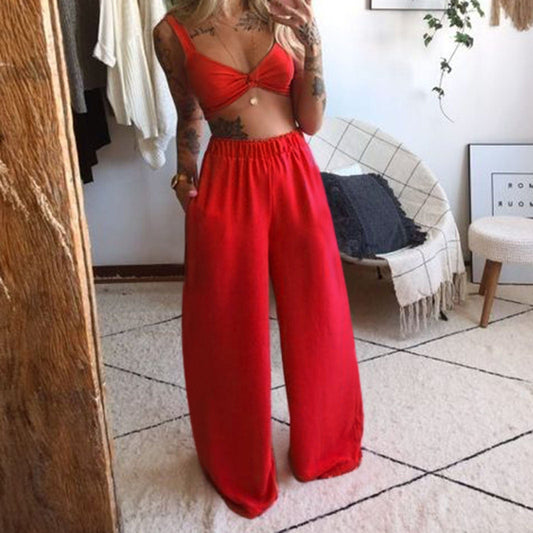 Women's Two-piece Suit Casual Solid V Neck Sexy Tops+ Wide Leg Long Pants Loose Sets Female Summer Outfits Matching Sets 2021 FreeDropship