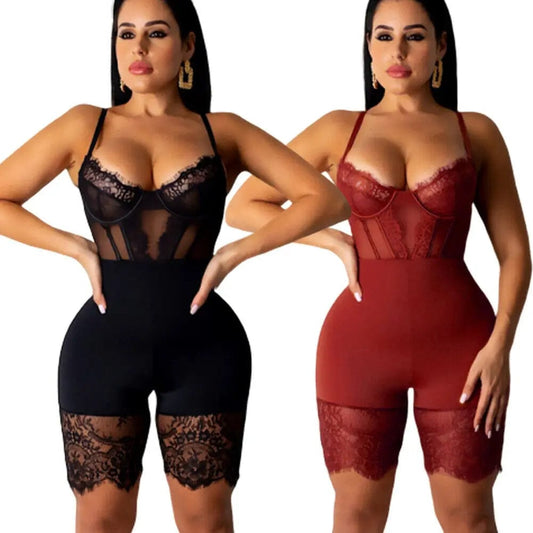 Women Sexy Lace Backless Shorts Jumpsuit Hollow Out Playsuit Mesh Jumpsuit Bodycon Strappy Playsuit Ladies Sleeveless Romper hujukuludusu Official Store