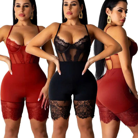 Women Sexy Lace Backless Shorts Jumpsuit Hollow Out Playsuit Mesh Jumpsuit Bodycon Strappy Playsuit Ladies Sleeveless Romper hujukuludusu Official Store