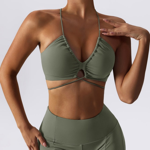Women Sexy Crop Top Bra Cross Strap Sports Bra High Impact For Gym Push Up Fitness Female Pad Sportswear Top Yoga - Yoga Bras Home MKTYOGA Store Army green / China / S