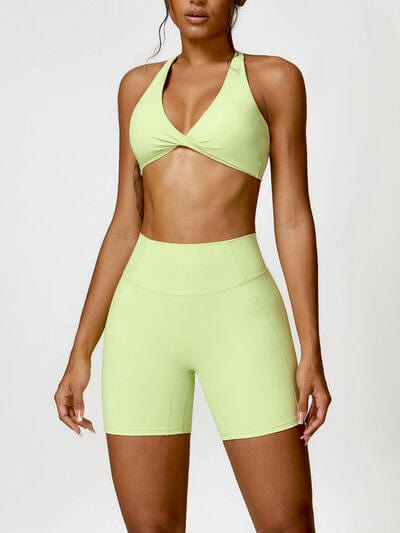 Twisted Halter Neck Bra and Shorts Active Set 2 piece Trendsi Lime / S