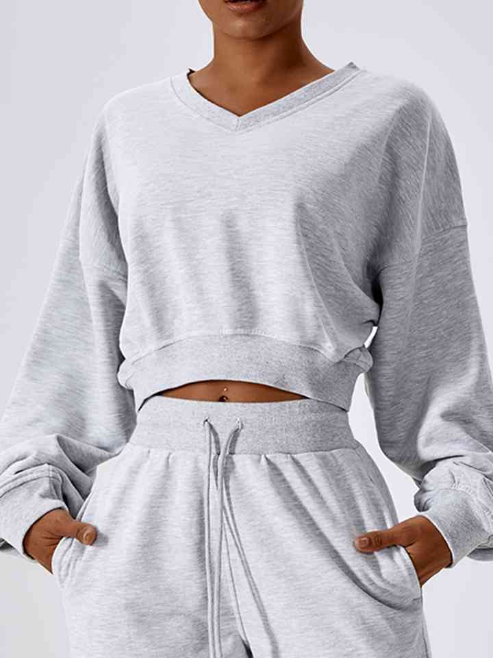 V-Neck Dropped Shoulder Sports Sweatshirt Active Wear Trendsi Light Gray / S