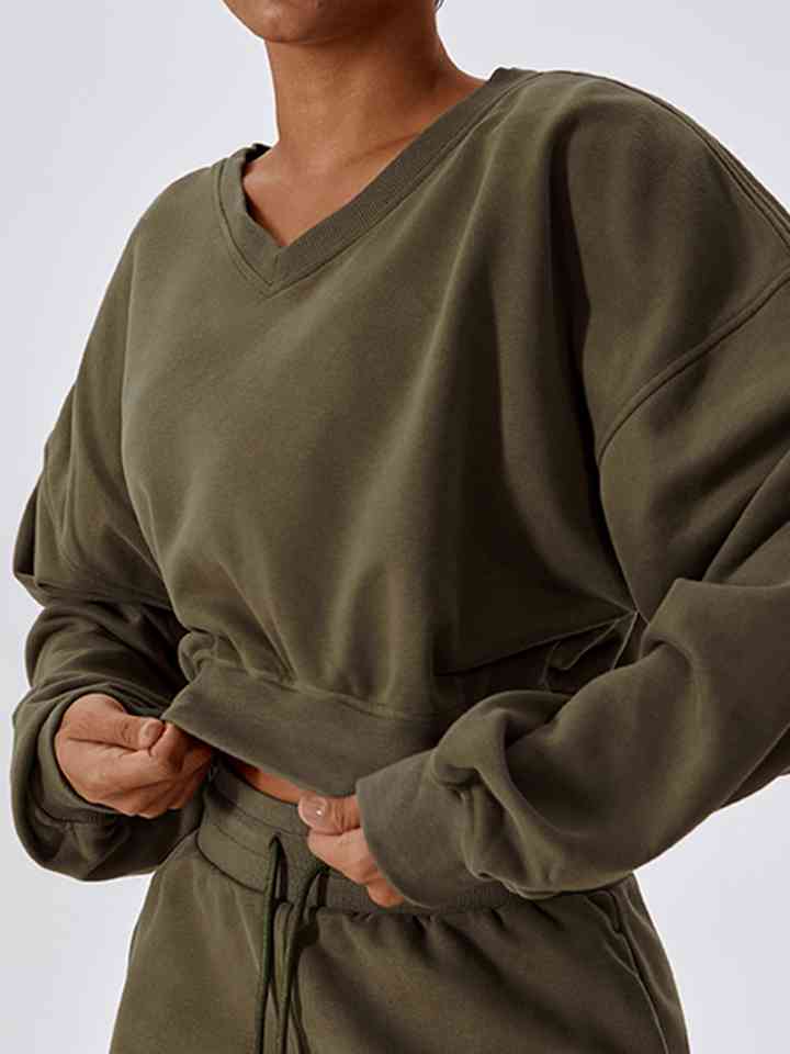 V-Neck Dropped Shoulder Sports Sweatshirt Active Wear Trendsi Olive Brown / S