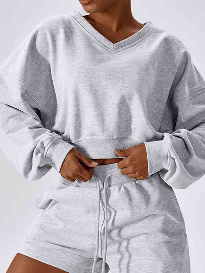 V-Neck Dropped Shoulder Sports Sweatshirt Active Wear Trendsi