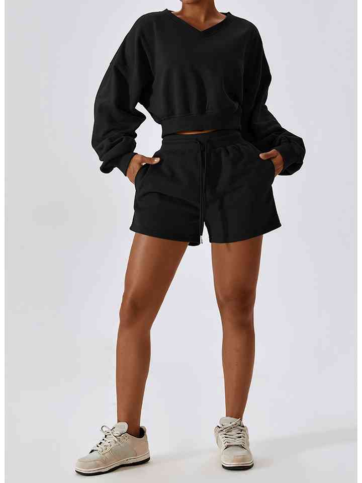 V-Neck Dropped Shoulder Sports Sweatshirt Active Wear Trendsi