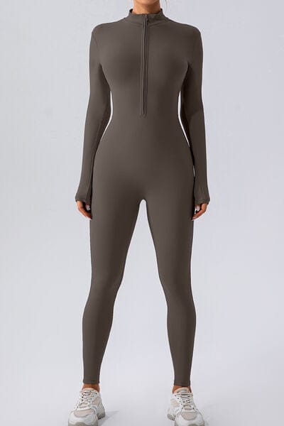 Half Zip Mock Neck Active Jumpsuit Activewear Trendsi Charcoal / S