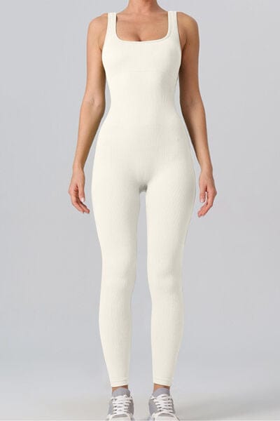 Square Neck Wide Strap Jumpsuit Activewear Trendsi Ivory / S