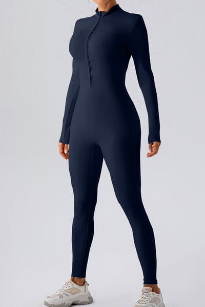 Half Zip Mock Neck Active Jumpsuit Activewear Trendsi Navy / S