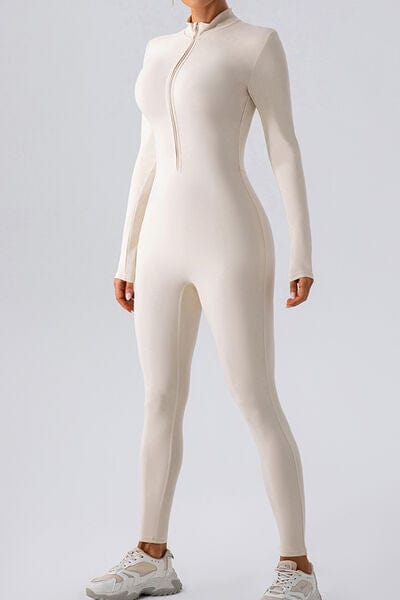 Half Zip Mock Neck Active Jumpsuit Activewear Trendsi White / S