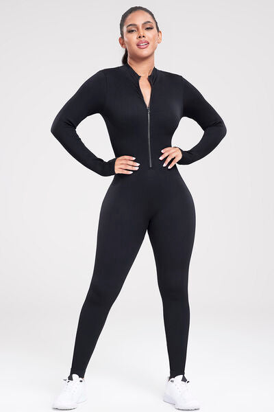 Zip Up Ribbed Long Sleeve Skinny Active Jumpsuit Alpha C Apparel Sports Trendsi Black / L