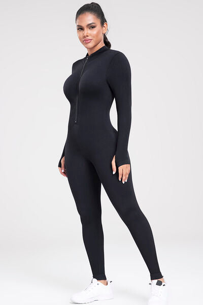 Zip Up Ribbed Long Sleeve Skinny Active Jumpsuit Alpha C Apparel Sports Trendsi