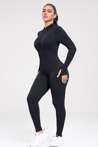 Zip Up Ribbed Long Sleeve Skinny Active Jumpsuit Alpha C Apparel Sports Trendsi