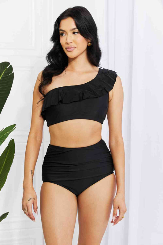 Marina West Swim Seaside Romance Ruffle One-Shoulder Bikini in Black Trendsi Black / S