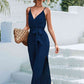 Tie Belt Spaghetti Strap Slit Jumpsuit Casual Trendsi Navy / S