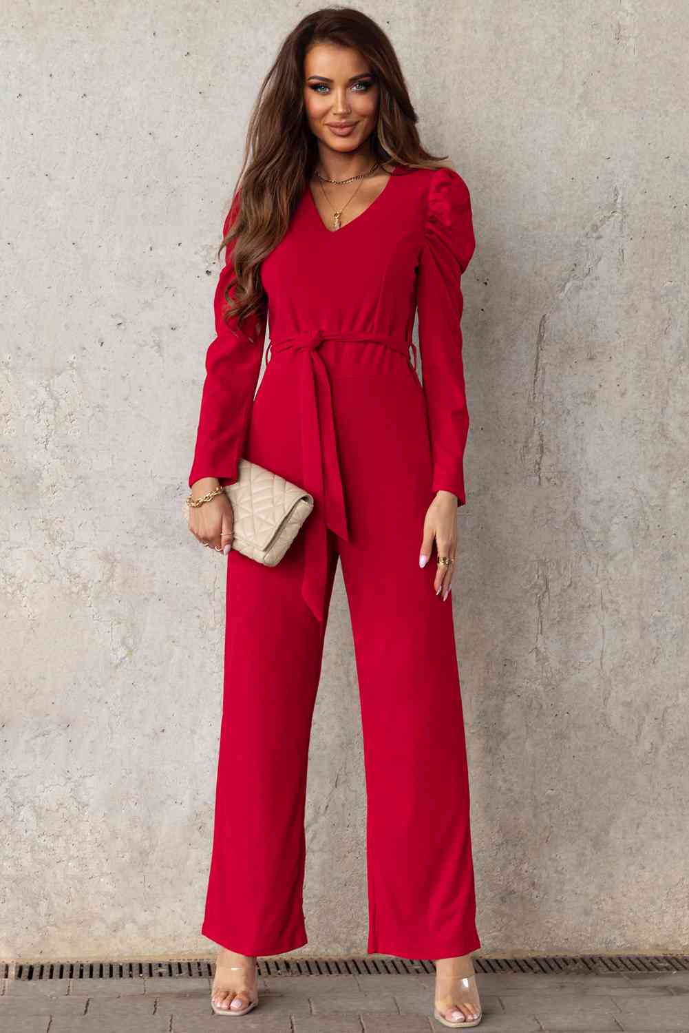 Belted Long Puff Sleeve V-Neck Jumpsuit Casual Wear Trendsi