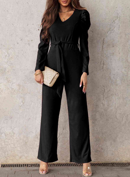 Belted Long Puff Sleeve V-Neck Jumpsuit Casual Wear Trendsi Black / S