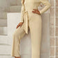 Belted Long Puff Sleeve V-Neck Jumpsuit Casual Wear Trendsi Cream / S