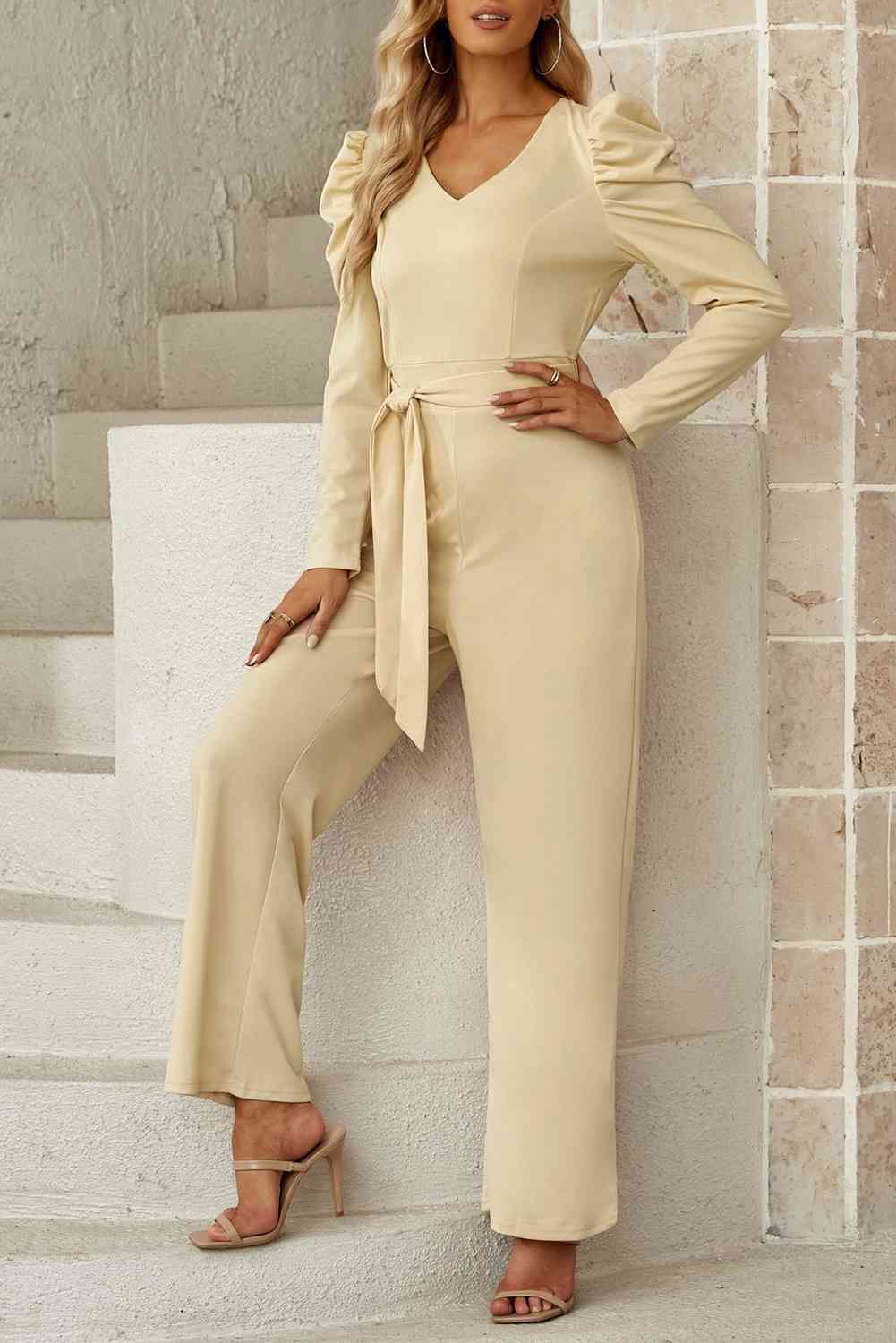 Belted Long Puff Sleeve V-Neck Jumpsuit Casual Wear Trendsi Cream / S