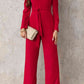 Belted Long Puff Sleeve V-Neck Jumpsuit Casual Wear Trendsi Deep Red / S