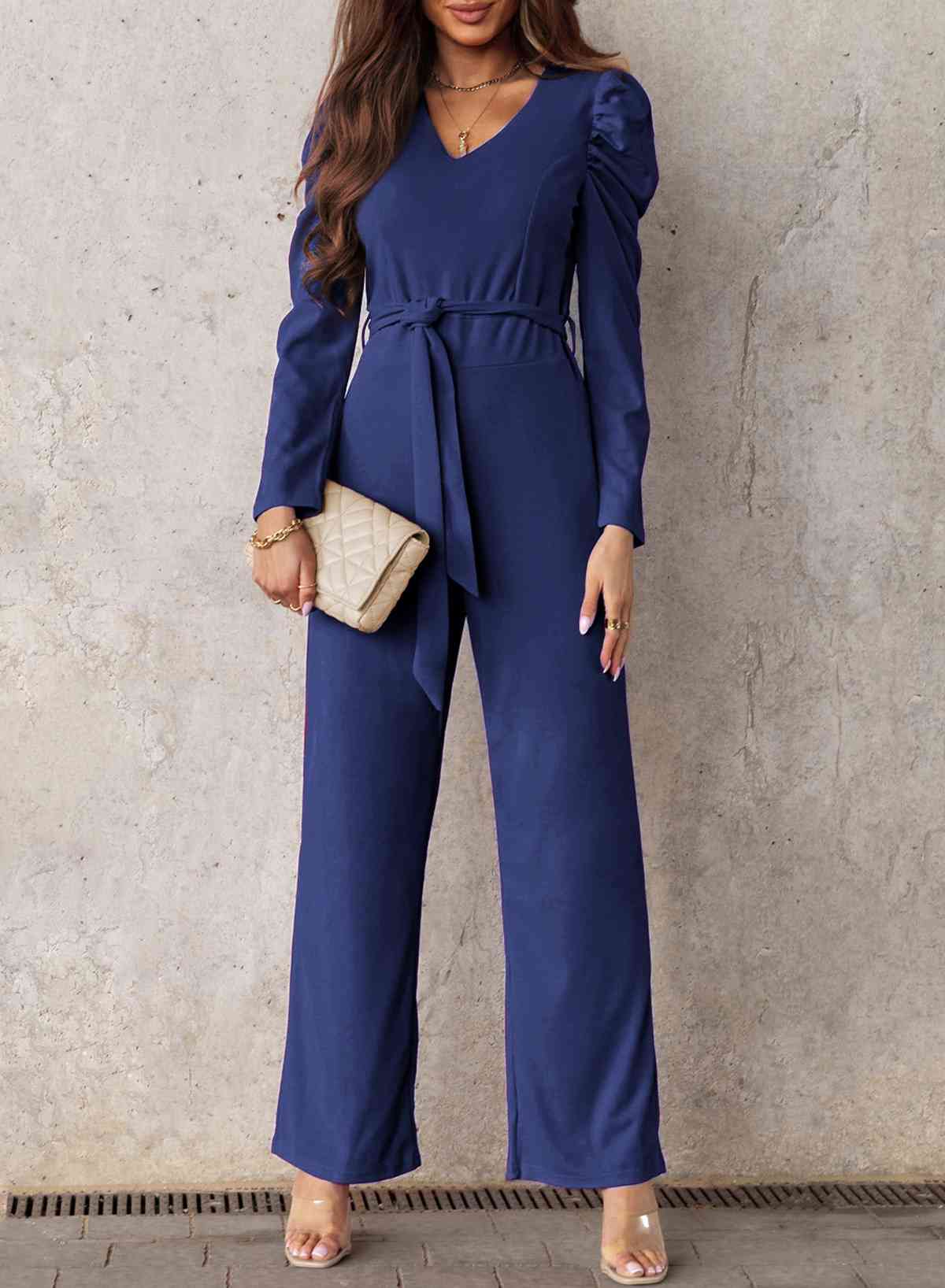 Belted Long Puff Sleeve V-Neck Jumpsuit Casual Wear Trendsi Dusty  Blue / S