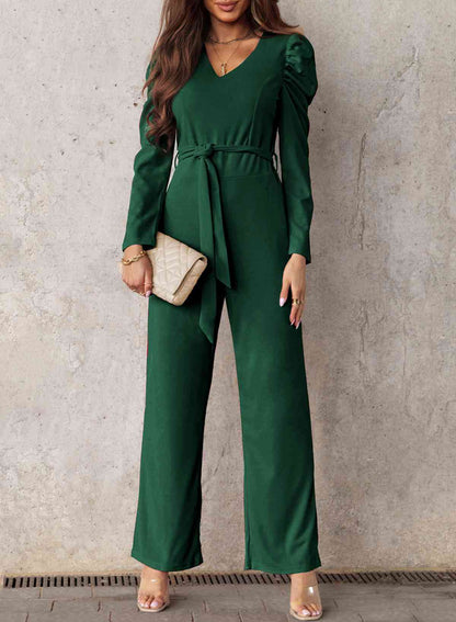 Belted Long Puff Sleeve V-Neck Jumpsuit Casual Wear Trendsi Forest / S