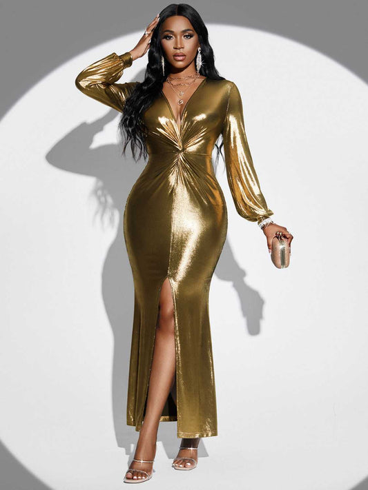 Plunge Twisted Slit Midi Dress Casual Wear Trendsi Gold / S