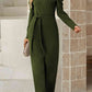 Belted Long Puff Sleeve V-Neck Jumpsuit Casual Wear Trendsi Moss / S