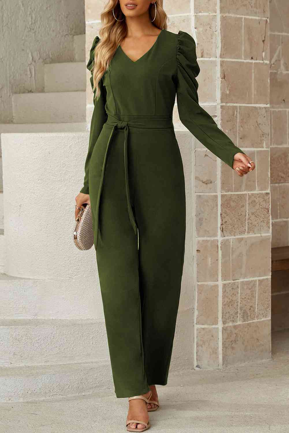Belted Long Puff Sleeve V-Neck Jumpsuit Casual Wear Trendsi Moss / S