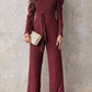 Belted Long Puff Sleeve V-Neck Jumpsuit Casual Wear Trendsi Wine / S